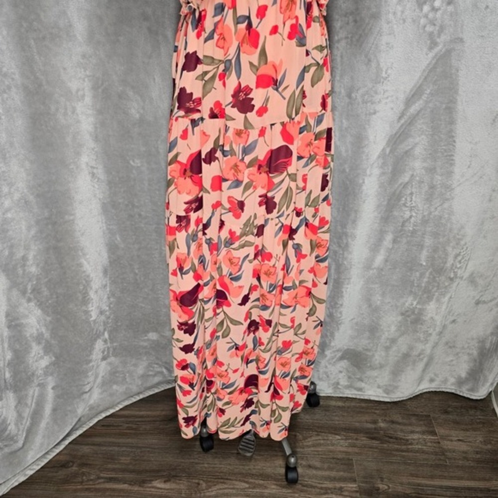 Womens Small Peach Floral Maxi Dress Short Sleeve V Neck Tiered Boho Vacation - Picture 3 of 9
